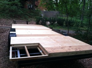 View of the trailer from the "front" of the house. The open area will eventually be the front porch. 