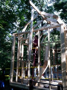 Hard at work fastening rafters into place.